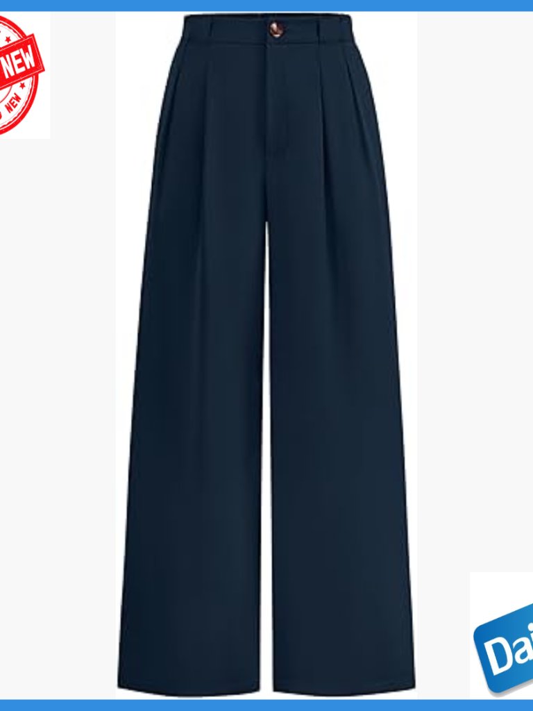 High Waisted Wide Leg Dress Pants, Elastic Waist, Office Work Trousers